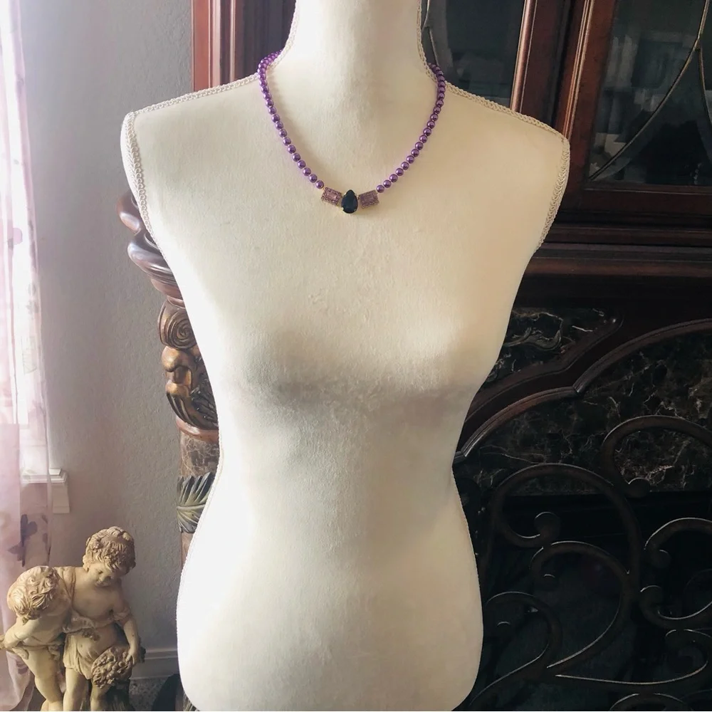 Handcrafted repurpose purple passion sparkle pendant Czech glass Pearl necklace